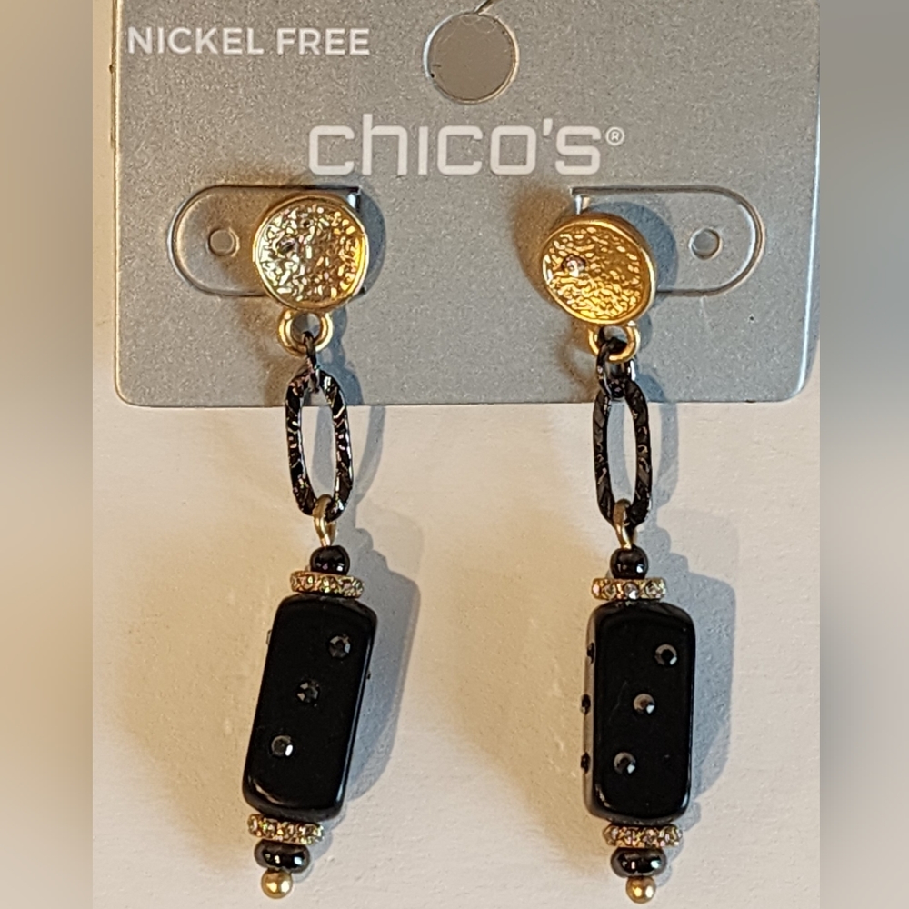 Chico's drop earrings faux hemotite black gold tone